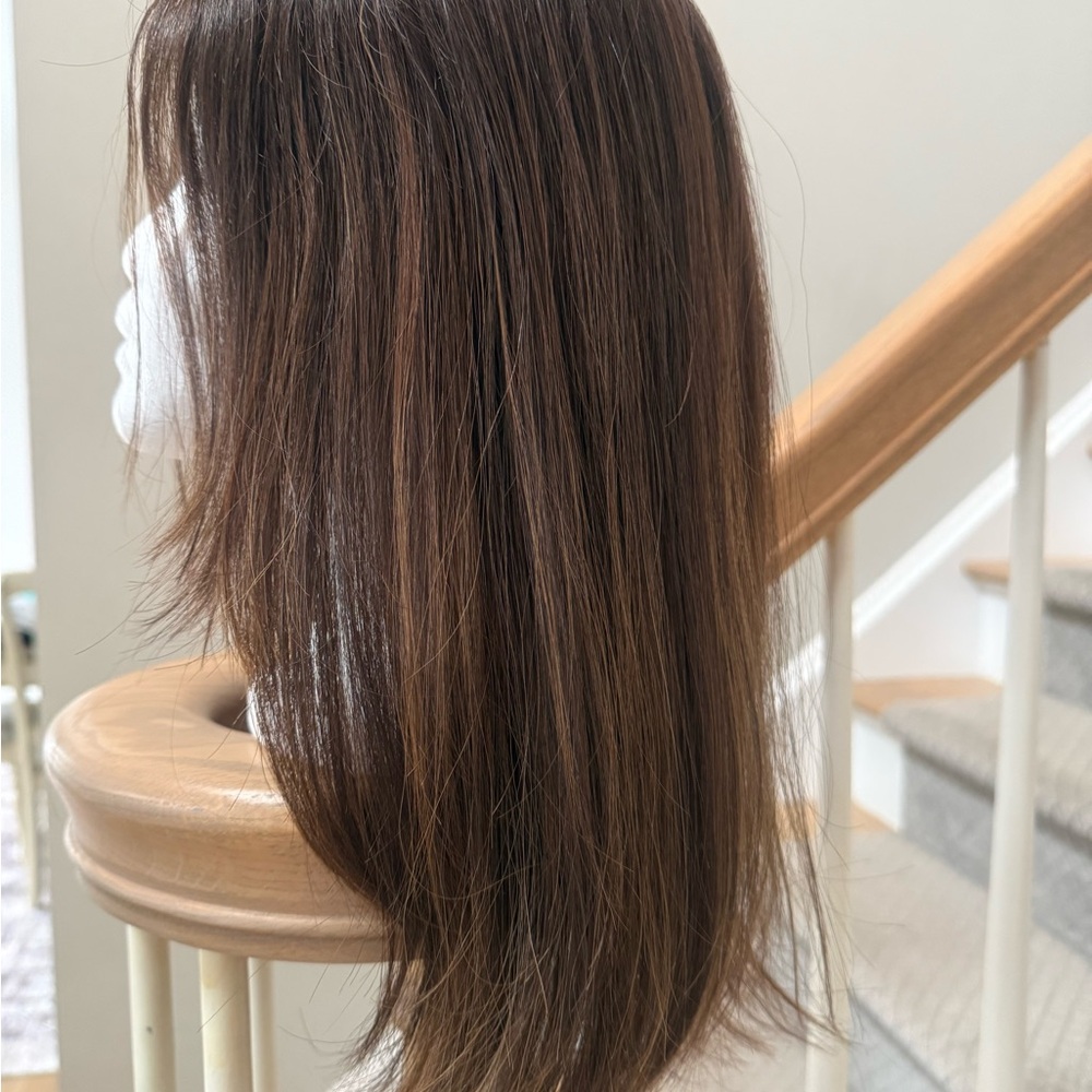 Milano human hair topper dark brown balayage.